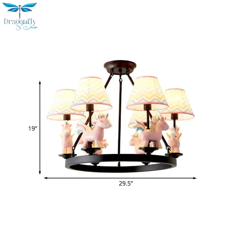Pink Unicorn Pendulum Light With Black Ring Design Cartoon 6 Heads Fabric Ceiling Chandelier