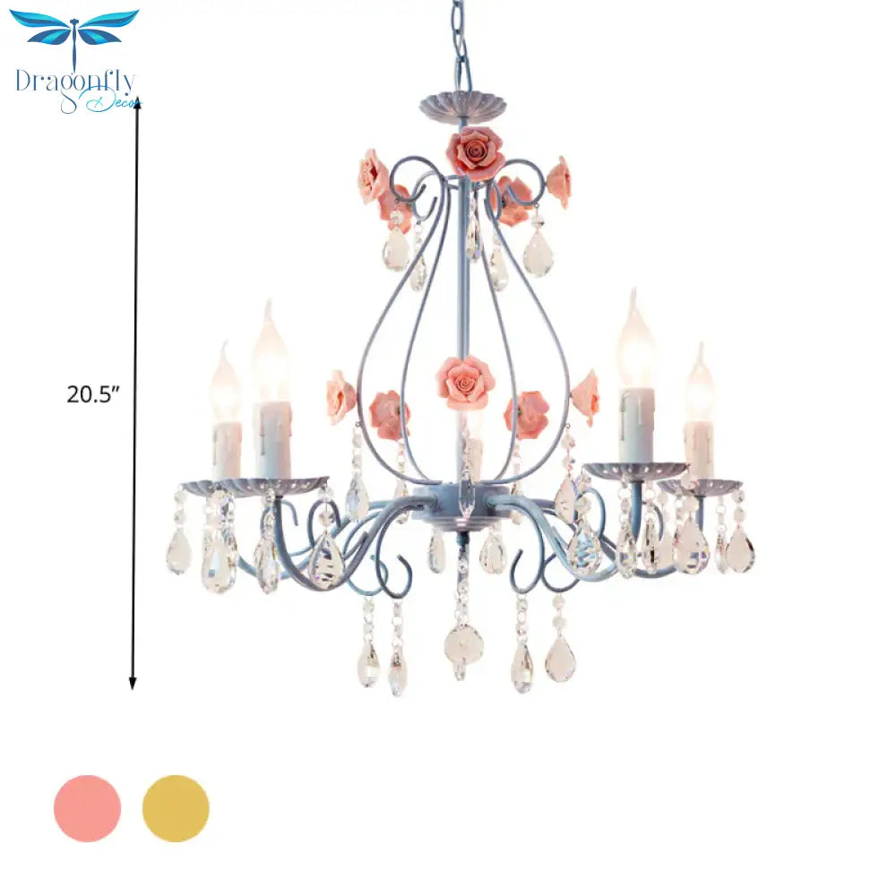 Pink/Yellow Candle Hanging Chandelier Traditional Clear Crystal 5/8 Lights Living Room Ceiling