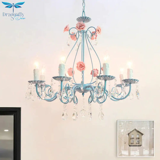 Pink/Yellow Candle Hanging Chandelier Traditional Clear Crystal 5/8 Lights Living Room Ceiling