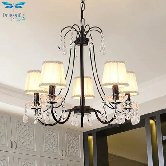 Pleated Fabric Cone Hanging Light Countryside 5 Heads Bedroom Chandelier With Braided Trim And
