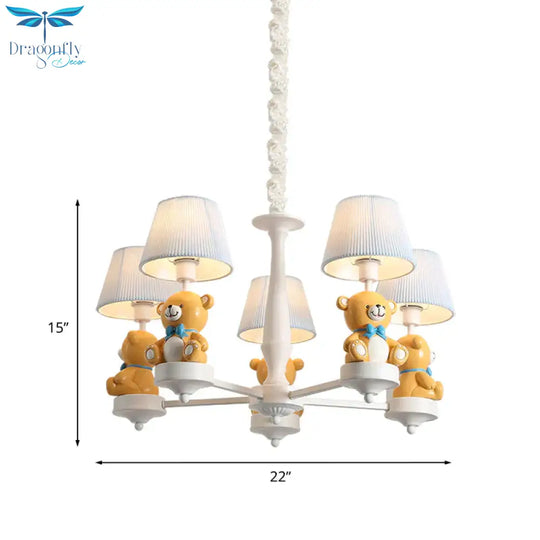 Pleated Fabric Tapered Chandelier Cartoon 3/5 - Bulb White Hanging Lamp With Bear Decoration