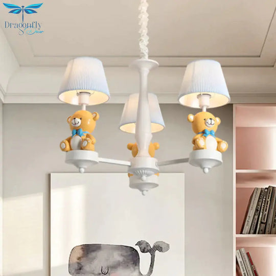 Pleated Fabric Tapered Chandelier Cartoon 3/5 - Bulb White Hanging Lamp With Bear Decoration