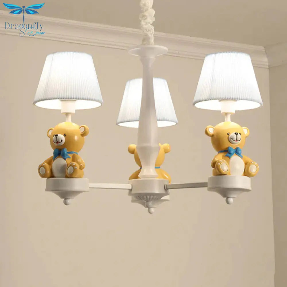 Pleated Fabric Tapered Chandelier Cartoon 3/5 - Bulb White Hanging Lamp With Bear Decoration