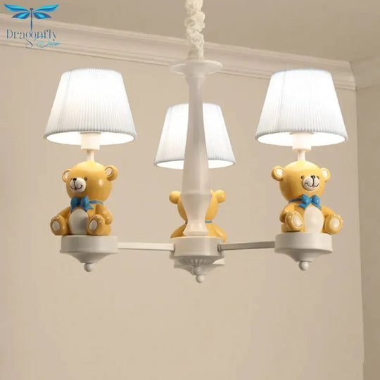 Pleated Fabric Tapered Chandelier Cartoon 3/5 - Bulb White Hanging Lamp With Bear Decoration