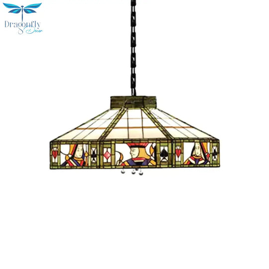 Poker Hanging Lamp Tiffany - Style 3 Bulbs White - Yellow/Green - White Handcrafted Art Glass