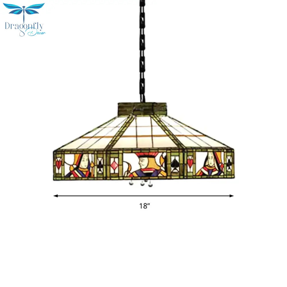 Poker Hanging Lamp Tiffany - Style 3 Bulbs White - Yellow/Green - White Handcrafted Art Glass