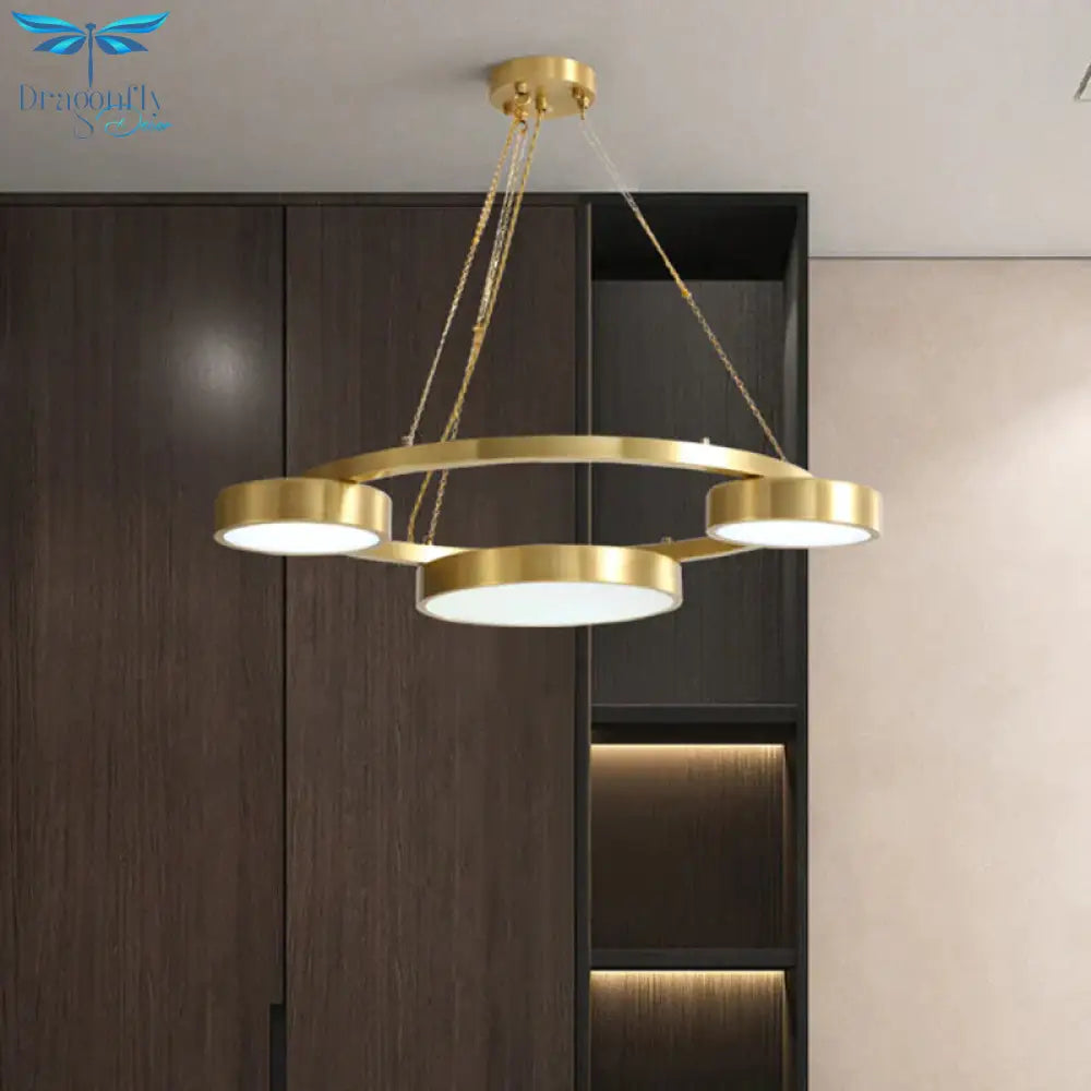 Postmodern Round Hanging Light Metal 3 Lights Dining Room Ceiling Chandelier In Brass