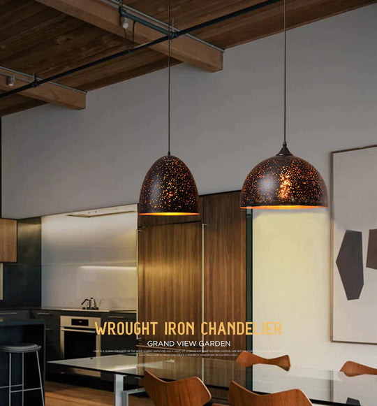 Vintage Pendant Lamp Iron Loft Nordic Porous Retro E27 Etching Lampshade Bar Restaurant Industrial
