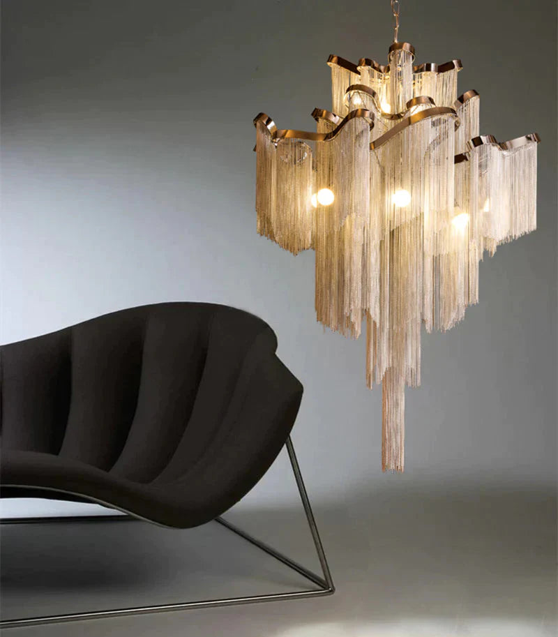 Modern Luxury Silver Gold Aluminium Chain Fringed Pendant Lamp Stair Hanging Light For Home Hotel