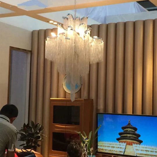 Modern Luxury Silver Gold Aluminium Chain Fringed Pendant Lamp Stair Hanging Light For Home Hotel