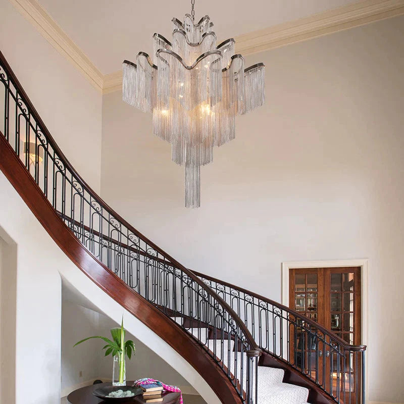 Modern Luxury Silver Gold Aluminium Chain Fringed Pendant Lamp Stair Hanging Light For Home Hotel