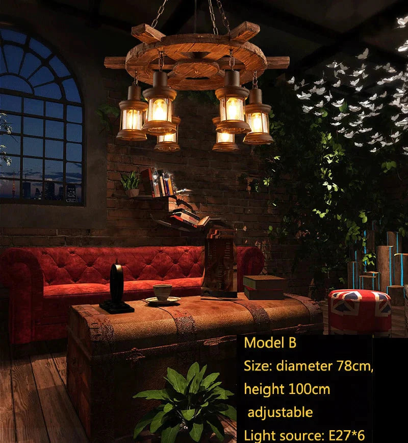 Retro Bar Industrial Wind Chandelier Loft Solid Wood Personality Restaurant Coffee Shop Pendant