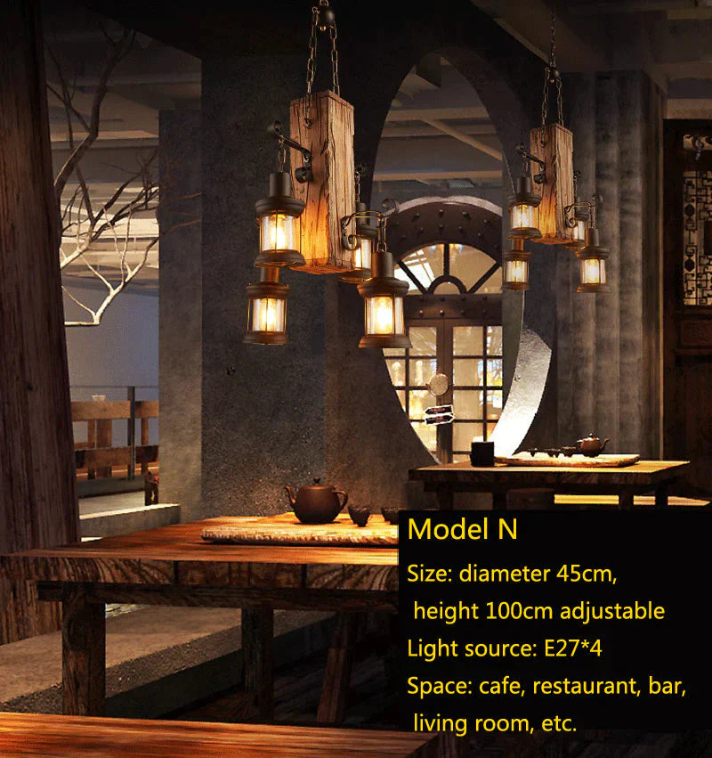 Retro Bar Industrial Wind Chandelier Loft Solid Wood Personality Restaurant Coffee Shop Pendant