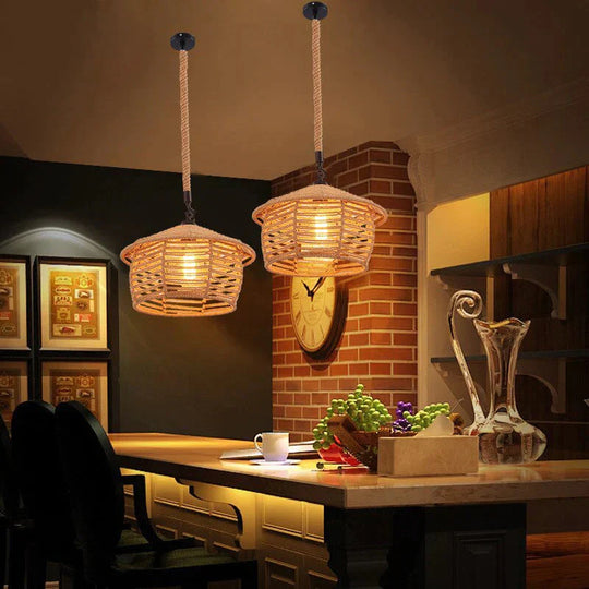 Vintage Pendant Lamp Rural American Retro Creative Personality Hand Knitted Hemp Rope Iron Cafe