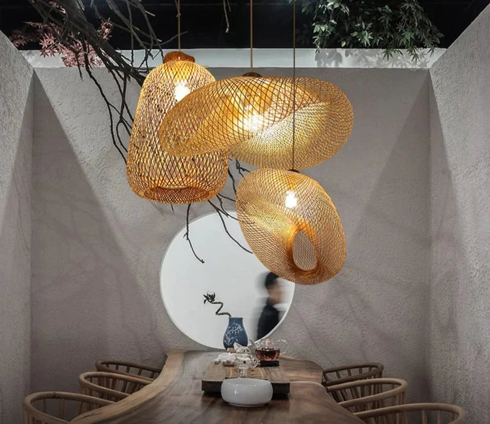 Bamboo Led E27 Wicker Rattan Wave Shade Pendant Light Vintage Japanese Lamp Suspension Home Indoor