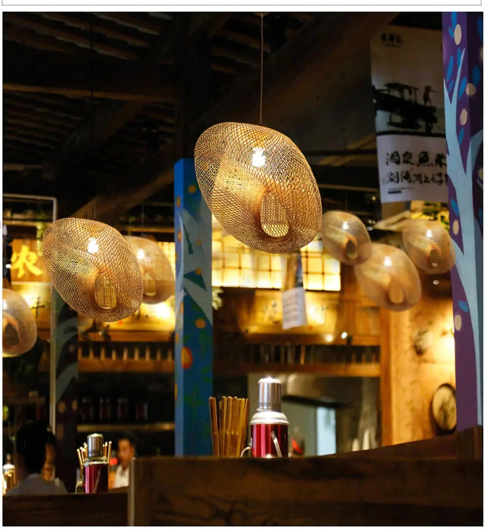 Bamboo Led E27 Wicker Rattan Wave Shade Pendant Light Vintage Japanese Lamp Suspension Home Indoor