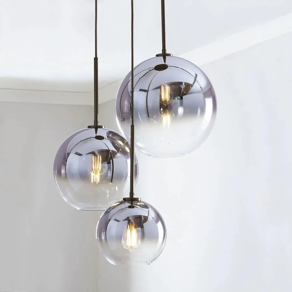 1Pc Modern E27 Led Nordic Pendant - Gradient Glass Globe Ball Home &amp; Shop 20Cm Silver