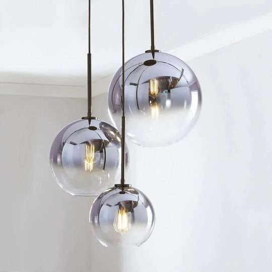 1Pc Modern E27 Led Nordic Pendant - Gradient Glass Globe Ball Home &amp; Shop 20Cm Silver