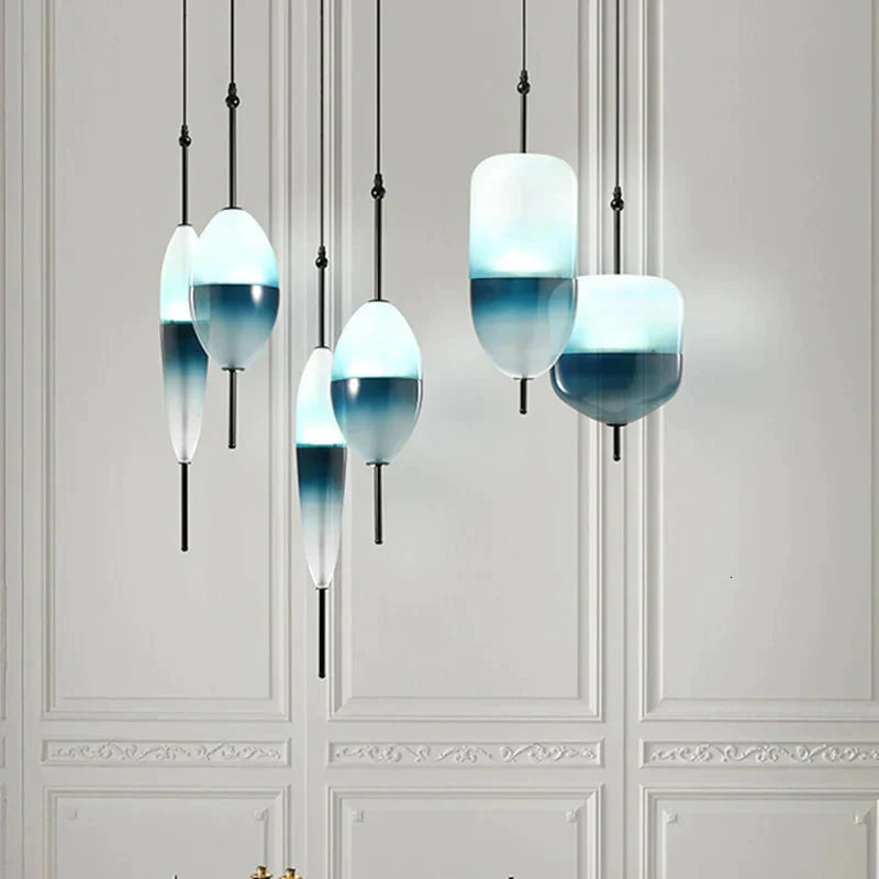 Nordic Modern Teardrop - Shaped Blue Glass Pendant Light Led Art Deco Simple White Hanging Lamp For