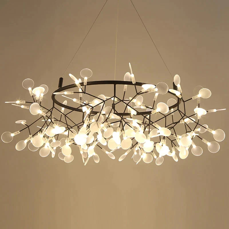 Modern Led Big Round Pendant Lamp With Firefly Tree Branch And Leaf Design Ideal For Restaurants