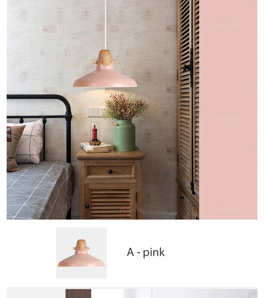 Nordic Pendant Lights Macaron Color Creative Single Head Solid Wood Lamps Aluminum Alloy Lampshade