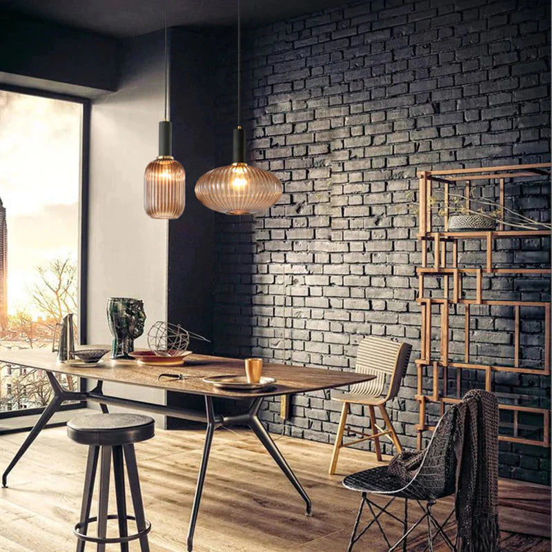 Novelty Stripe Glass Hanging Lights E27 Led 6 Color Lamp Holder Pendant For Kitchen Living Room