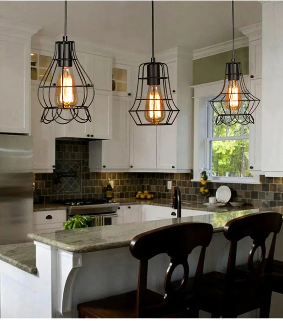 Modern Pendant Light Black Iron Hanging Cage Vintage E27Led Lamp Bulb Industrial Loft Retro Dining