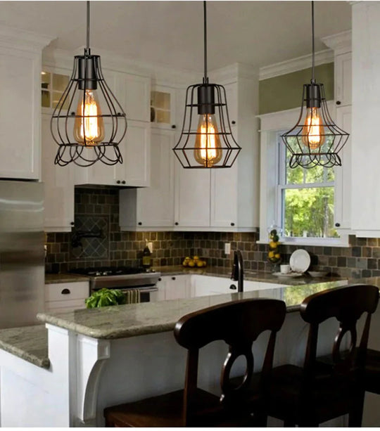 Modern Pendant Light Black Iron Hanging Cage Vintage E27Led Lamp Bulb Industrial Loft Retro Dining