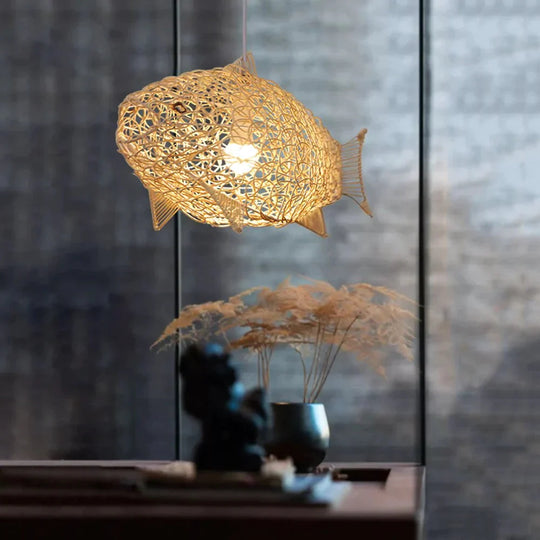 Creative Fish Pendant Lights Hand Woven Rattan Hanging Lamps Restaurant Bedroom Bar Light Fixture