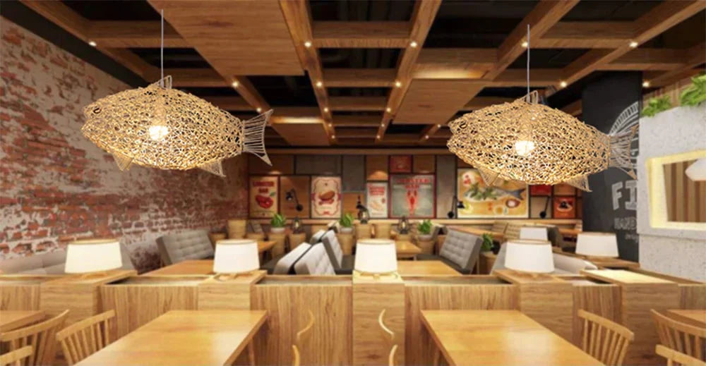 Creative Fish Pendant Lights Hand Woven Rattan Hanging Lamps Restaurant Bedroom Bar Light Fixture