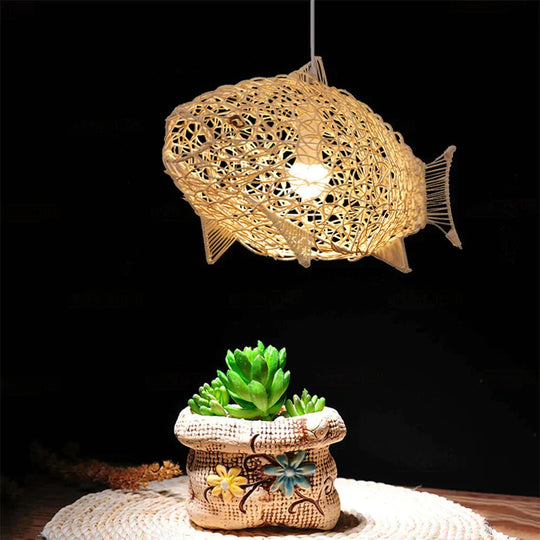 Creative Fish Pendant Lights Hand Woven Rattan Hanging Lamps Restaurant Bedroom Bar Light Fixture