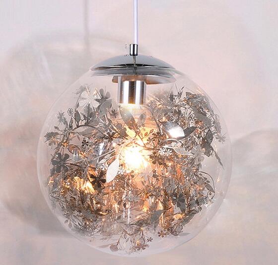 Modern Pendant Light Glass Ball Lamp With Metal Leaf Flower Kitchen Bedside Hanging Suspension