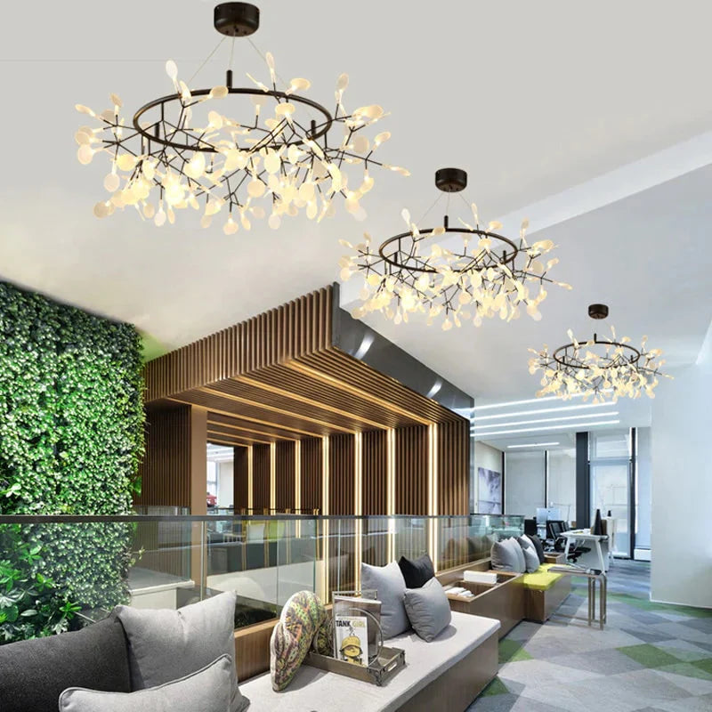 Modern Led Lamp Firefly Tree Branch Leaf Pendant Light Round Flower Suspension Lamps Art Bar
