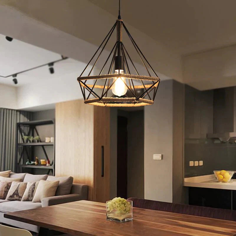 American Retro Pendant Lights Creative Diamond Hemp Rope Iron Lamps For Clothing Shop Bar