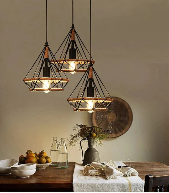 American Retro Pendant Lights Creative Diamond Hemp Rope Iron Lamps For Clothing Shop Bar