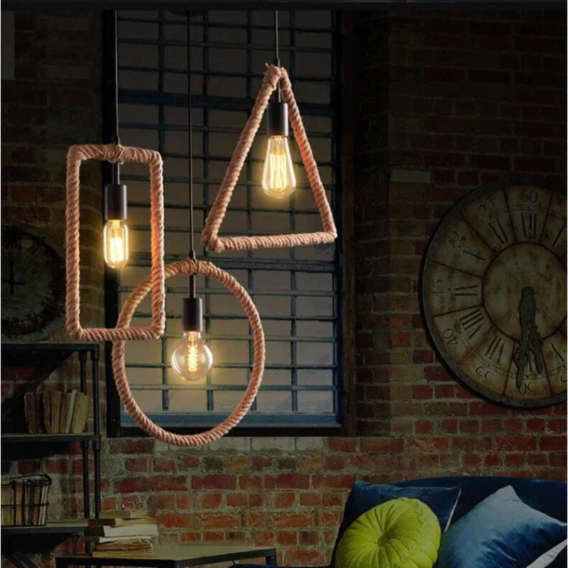 Vintage Iorn Painted Creative Geometric Rope Pendant Lights Led Lamp For Living Room Bedroom