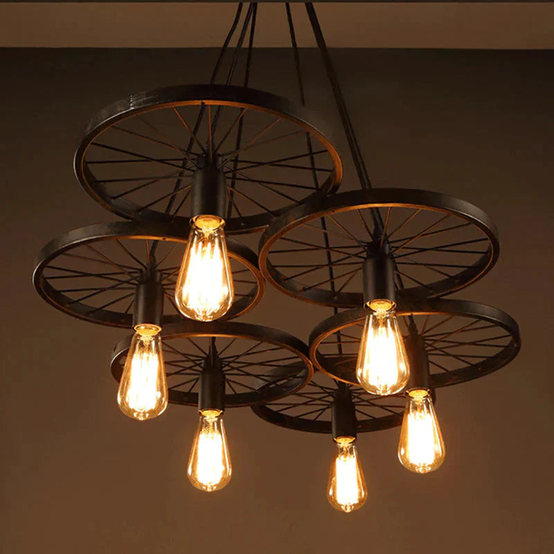Retro Industrial Iron Wheel Vintage Black Pendant Lamp Classic Loft Lights E27 For Restaurant