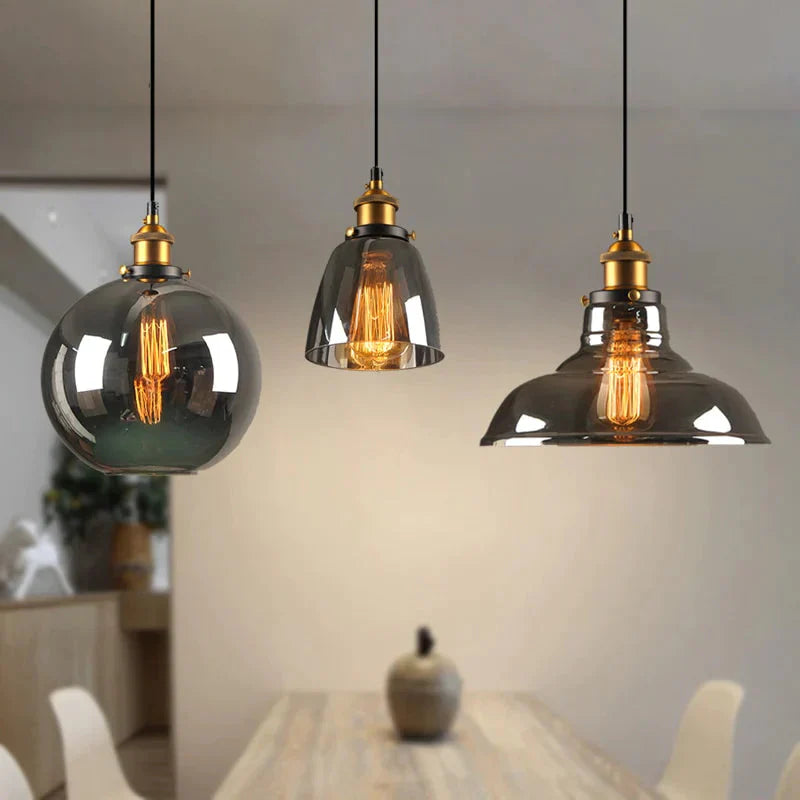 Vintage Glass Pendant Lights Loft Hang Lamp Smoky Grey Hanging Light