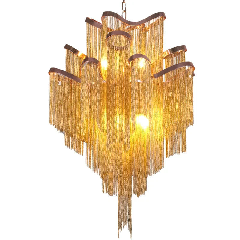 Modern Luxury Silver Gold Aluminium Chain Fringed Pendant Lamp Stair Hanging Light For Home Hotel