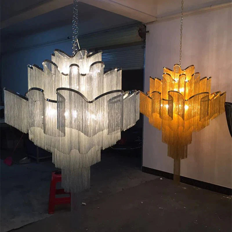 Modern Luxury Silver Gold Aluminium Chain Fringed Pendant Lamp Stair Hanging Light For Home Hotel