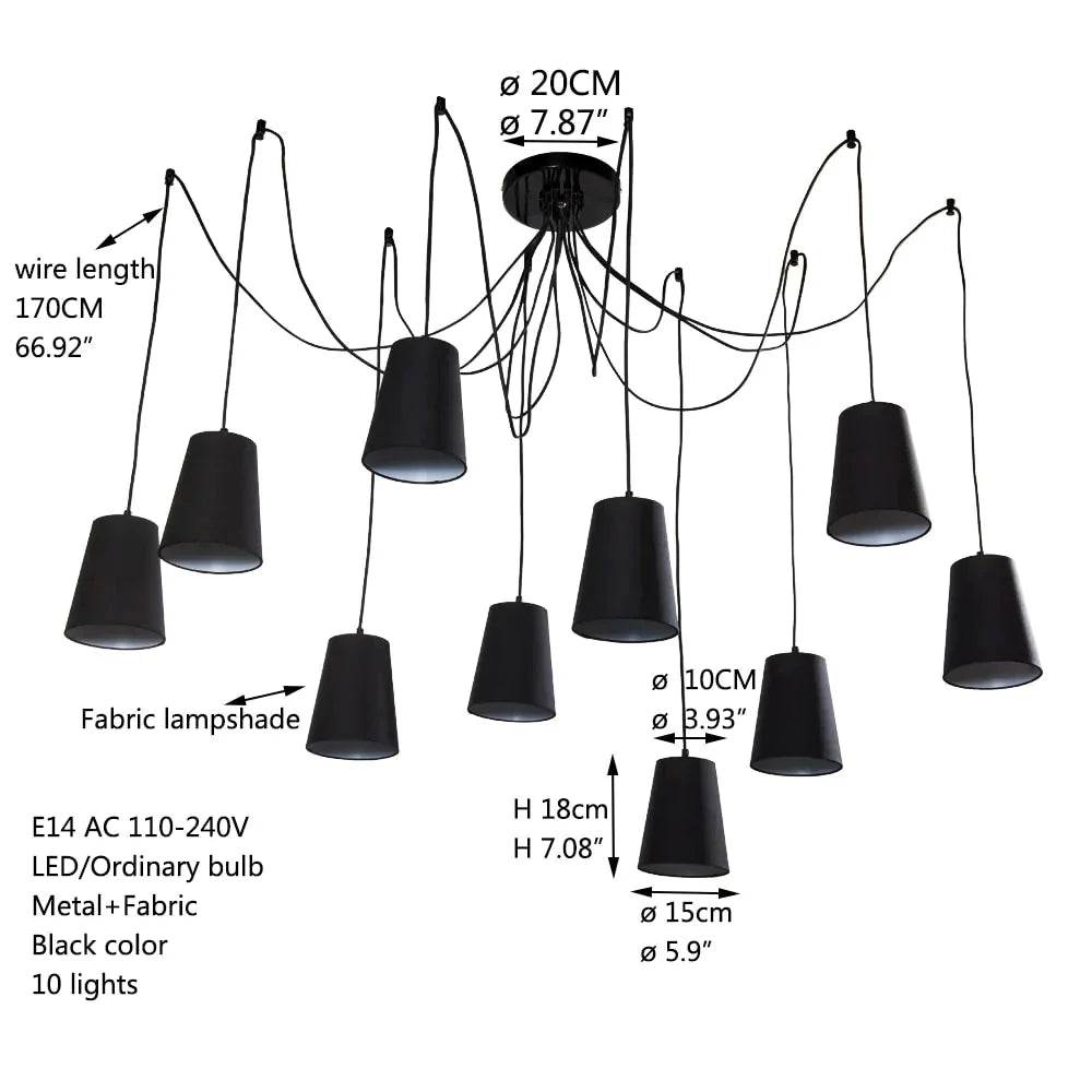 Modern Large Black/White Spider Braided Pendant Lamp Diy 10 Heads Clusters Of Hanging Fabric Shades