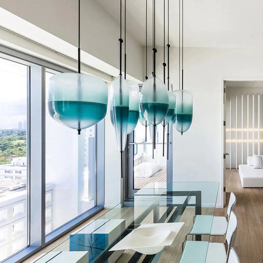 Nordic Modern Teardrop - Shaped Blue Glass Pendant Light Led Art Deco Simple White Hanging Lamp For