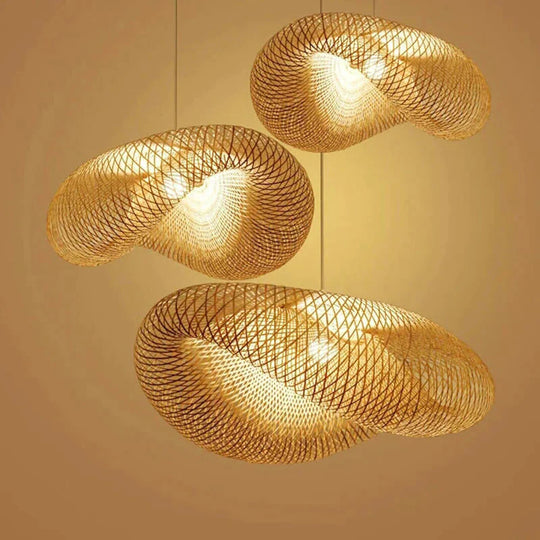 Handmade Bamboo Lamp Wicker Rattan Wave Shade Pendant Light Vintage Japanese Suspension Home Indoor