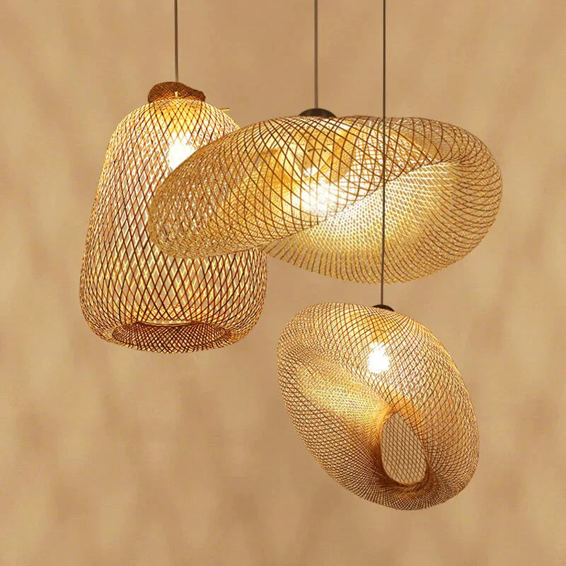 Handmade Bamboo Lamp Wicker Rattan Wave Shade Pendant Light Vintage Japanese Suspension Home Indoor