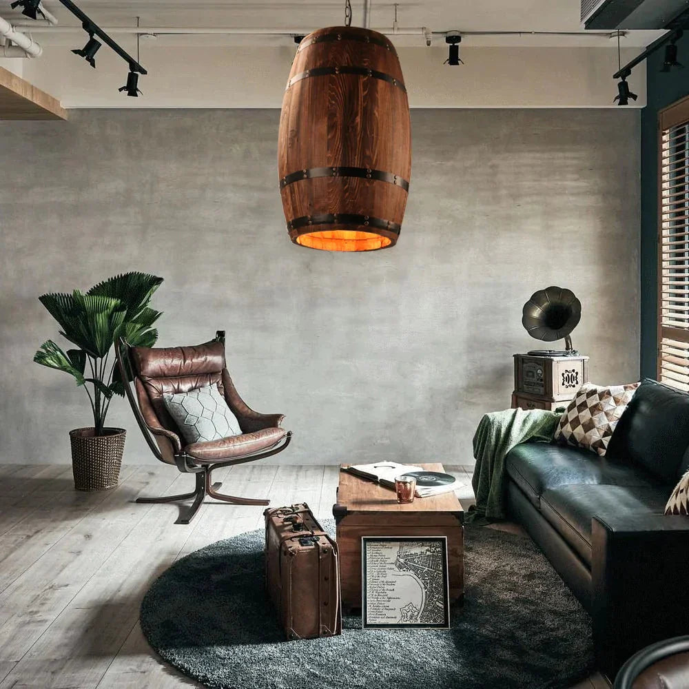 American Modern Nature Loft Wood Wine Barrel E27 Hanging Vintage Pendant Lights For Dining Room