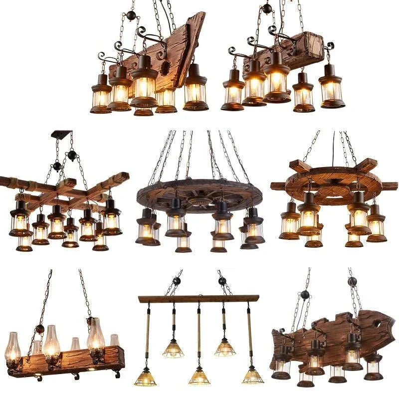 Retro Bar Industrial Wind Chandelier Loft Solid Wood Personality Restaurant Coffee Shop Pendant