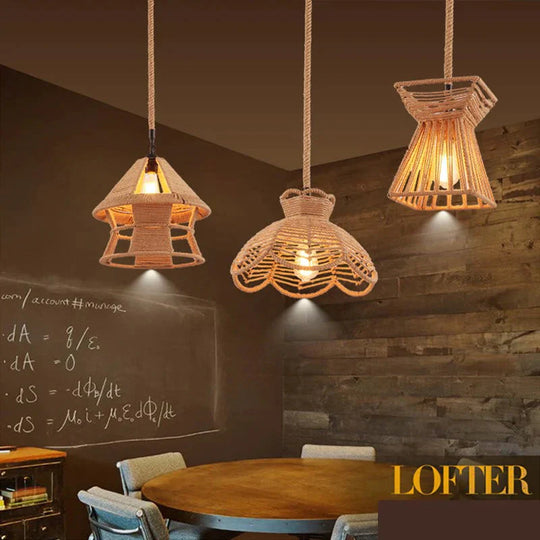 Vintage Pendant Lamp Rural American Retro Creative Personality Hand Knitted Hemp Rope Iron Cafe