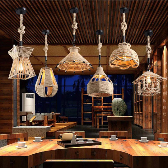 Vintage Pendant Lamp Rural American Retro Creative Personality Hand Knitted Hemp Rope Iron Cafe