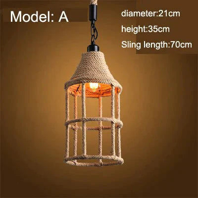 Vintage Pendant Lamp Rural American Retro Creative Personality Hand Knitted Hemp Rope Iron Cafe
