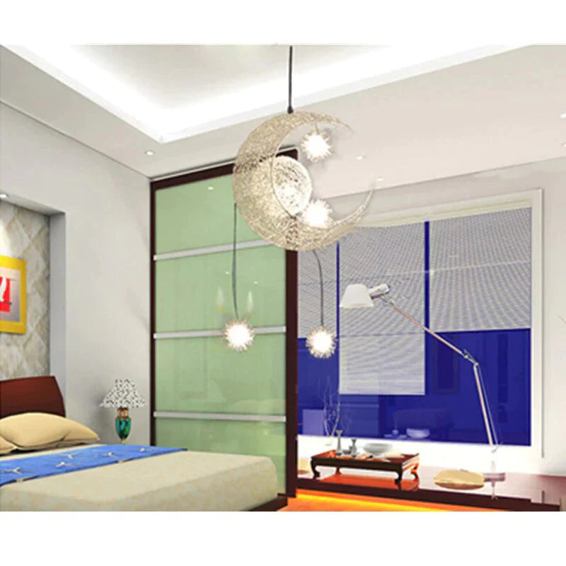 Silver Aluminum Fairy Moon And Star Cord Pendant Lamp For Girl Bedroom Decoration Hanging
